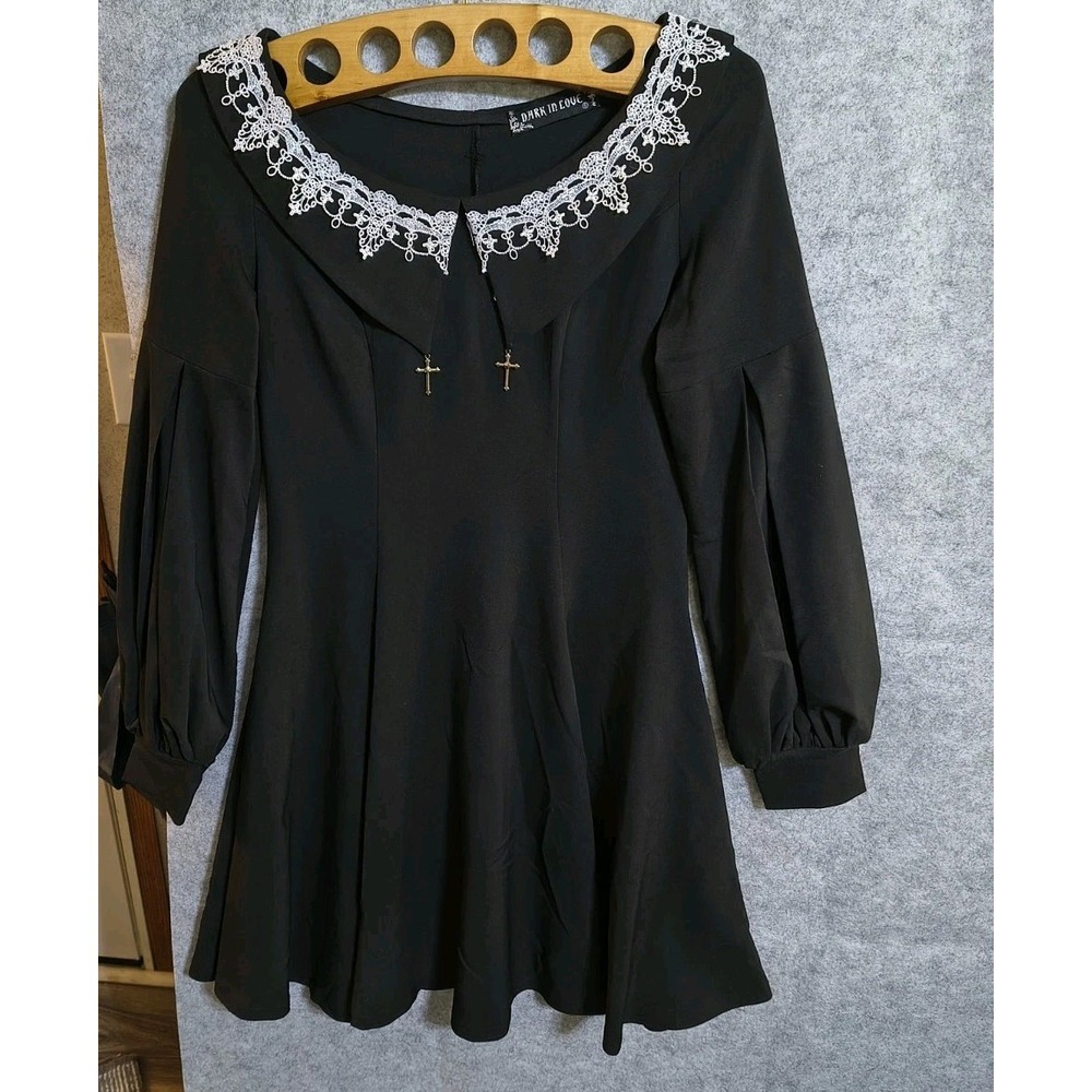 Dark in Love S "Wednesday" Dress Gothic Crosses Cosplay Whimsy Goth Black EUC